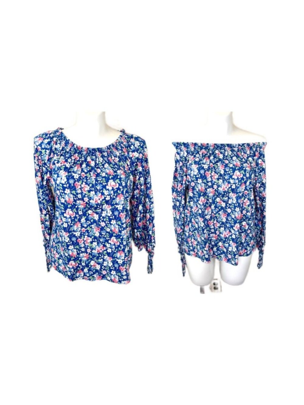 CHAPS BLUE FLORAL PRINT OFF-SHOULDER TIE SLEEVE TOP - XL